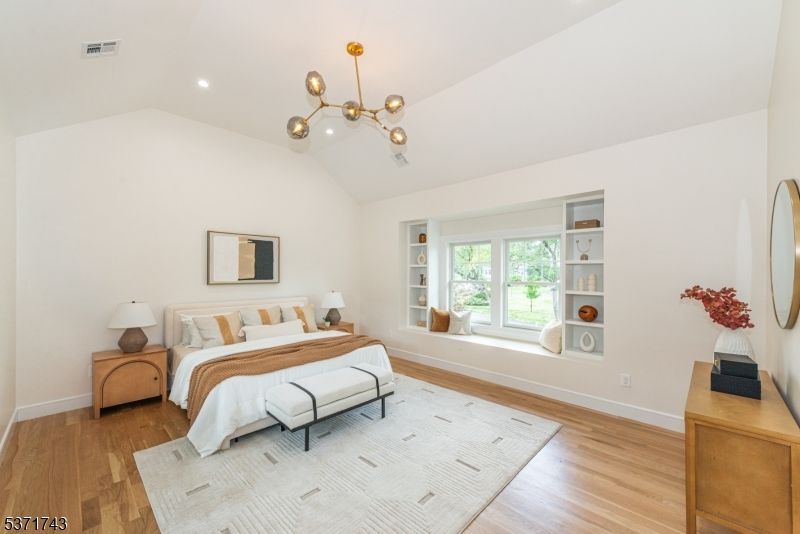 Bedroom, Interior, Pendant Lights, Recessed Lighting, Wood Texture Flooring