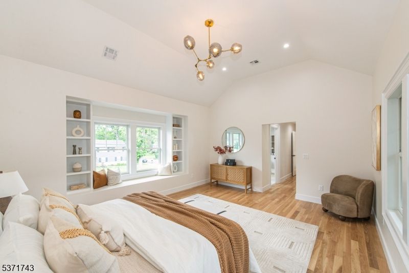 Bedroom, Interior, Pendant Lights, Recessed Lighting, Wood Texture Flooring