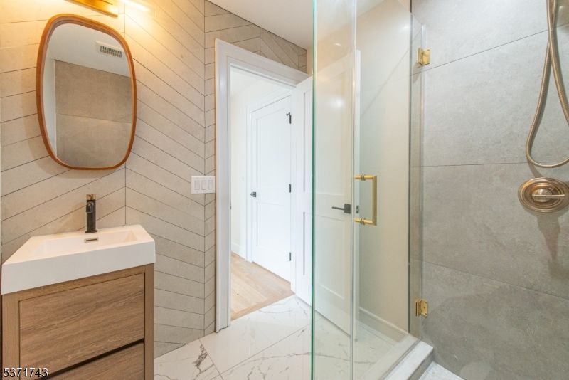 Bathroom, Glass Shower, Interior, Marble, Wood Texture Flooring