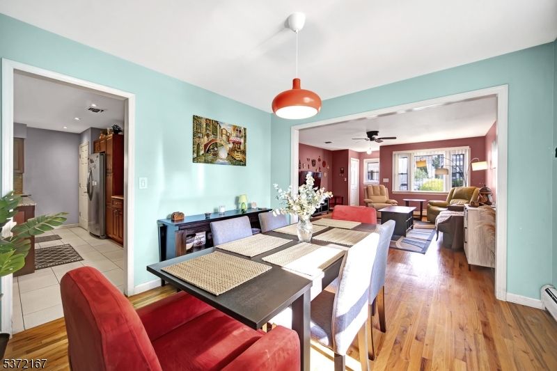 Dining room, Interior, Living room, Pendant Lights, Recessed Lighting, Wood Texture Flooring