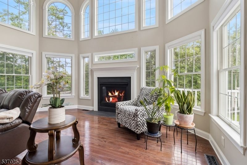 Fireplace, Interior, Sun Room, Wood Texture Flooring