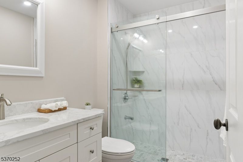 Bathroom, Glass Shower, Interior, Marble Walls, Recessed Lighting
