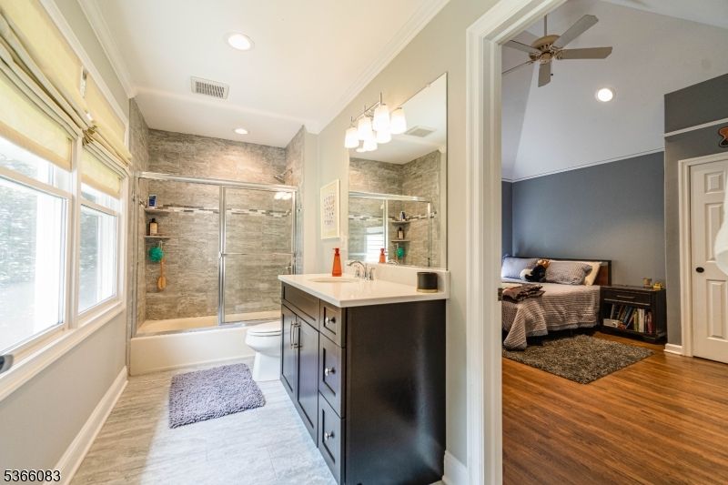 Bathroom, Bedroom, Glass Shower, Interior, Recessed Lighting, Wood Texture Flooring