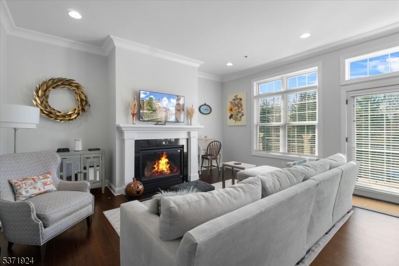 Fireplace, Interior, Living room, Recessed Lighting, Wood Texture Flooring