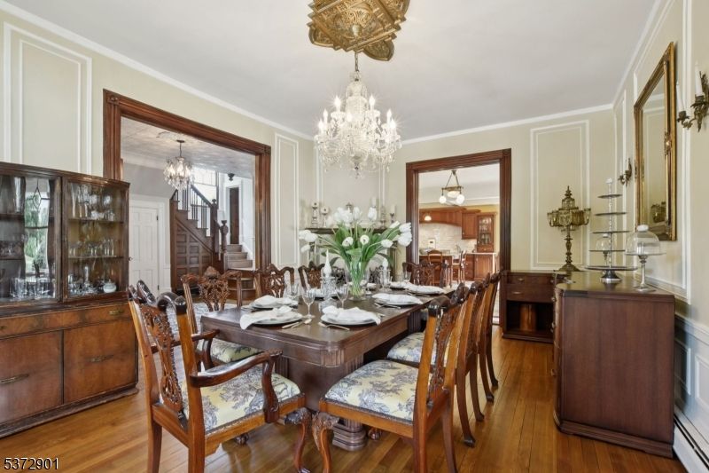 Chandelier, Dining room, Interior, Wood Texture Flooring