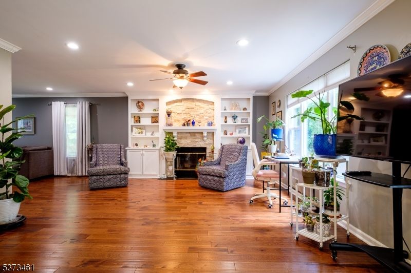 Fireplace, Home Office, Interior, Recessed Lighting, Wood Texture Flooring