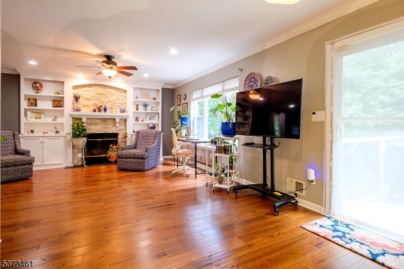 Fireplace, Interior, Recessed Lighting, Wood Texture Flooring