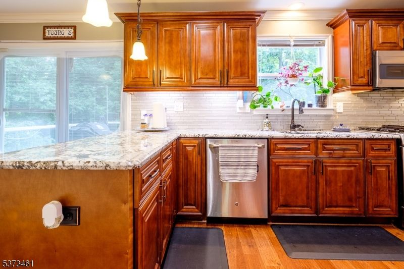 Interior, Kitchen, Pendant Lights, Stainless Steel Appliances, Wood Texture Flooring