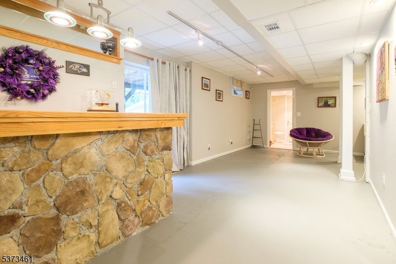 Empty room, Fireplace, Interior, Pendant Lights, Stone Walls