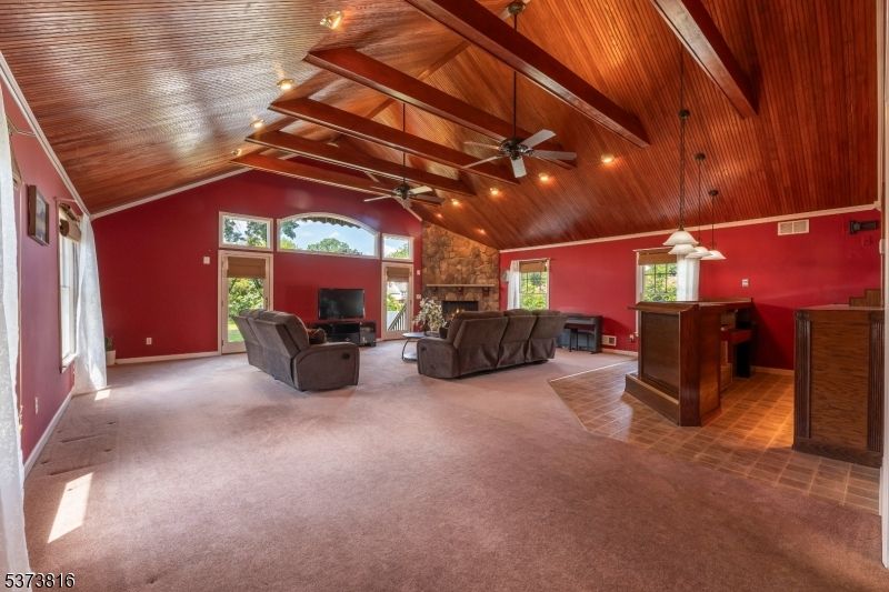 Fireplace, Interior, Living room, Pendant Lights, Recessed Lighting, Wooden Beams, Wooden Ceilings