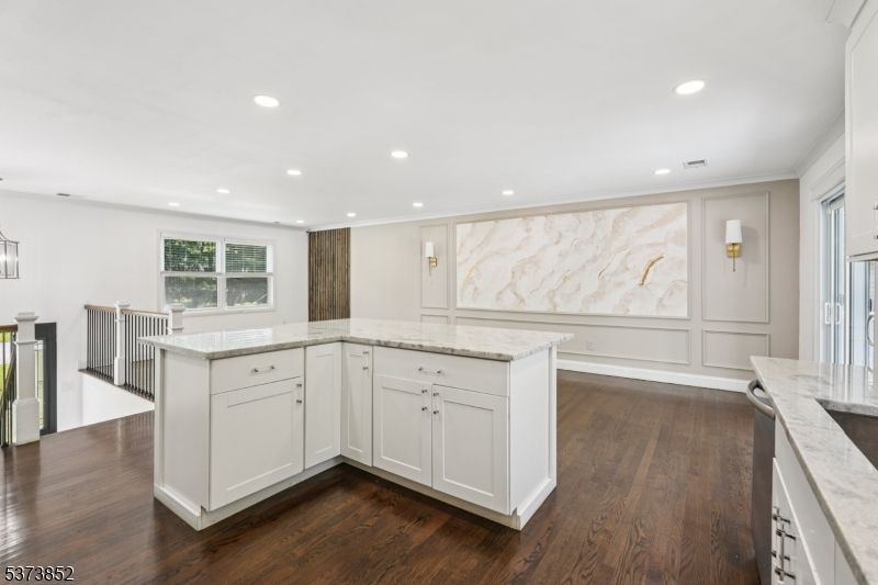 Interior, Kitchen, Marble Walls, Recessed Lighting, Wood Texture Flooring