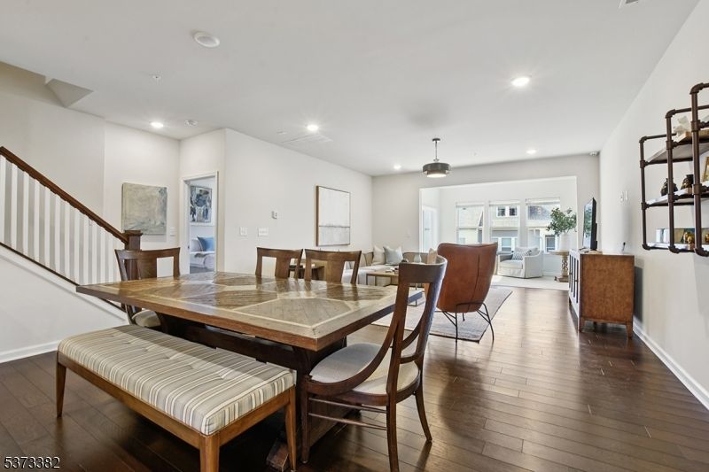 Dining room, Interior, Living room, Recessed Lighting, Wood Texture Flooring