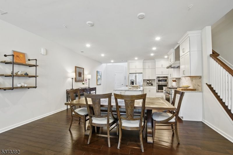 Dining room, Interior, Kitchen, Recessed Lighting, Stainless Steel Appliances, Wood Texture Flooring