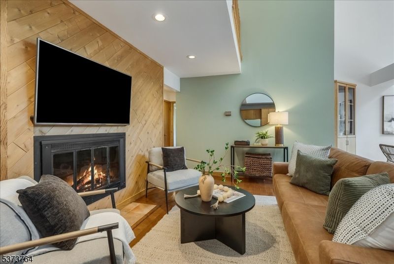 Fireplace, Interior, Living room, Recessed Lighting, Wood Texture Flooring, Wooden Walls