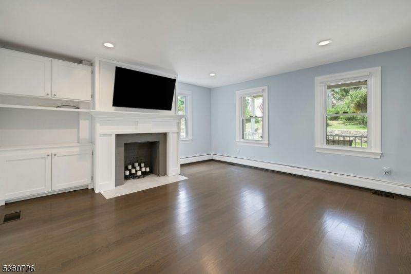 Empty room, Fireplace, Interior, Recessed Lighting, Wood Texture Flooring