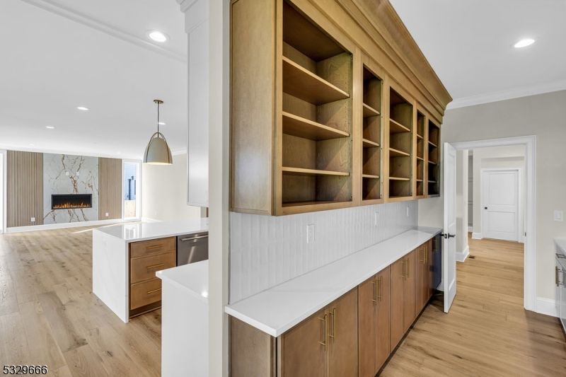 Interior, Kitchen, Marble Walls, Pendant Lights, Recessed Lighting, Wood Texture Flooring