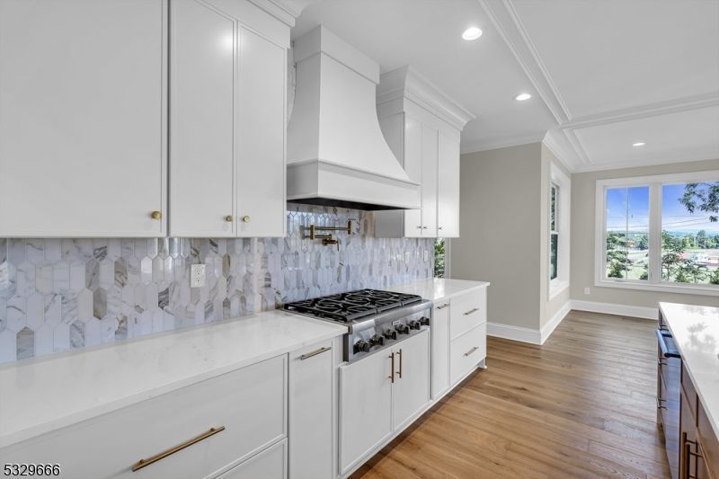 Interior, Kitchen, Marble Walls, Recessed Lighting, Wood Texture Flooring