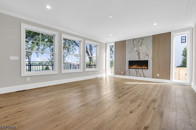 Empty room, Fireplace, Interior, Recessed Lighting, Wood Texture Flooring
