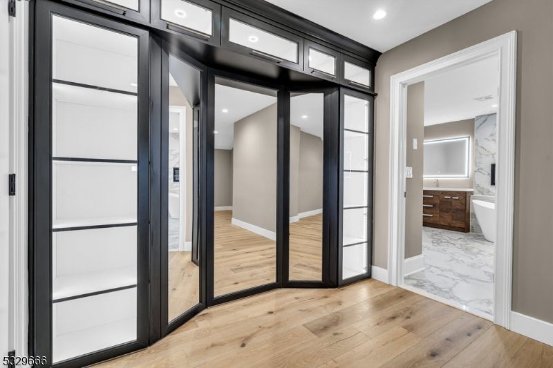 Bathroom, Interior, Marble, Marble Walls, Recessed Lighting, Wood Texture Flooring