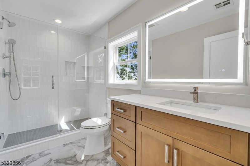 Bathroom, Glass Shower, Interior, Marble, Recessed Lighting