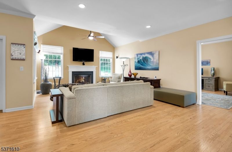 Fireplace, Interior, Living room, Recessed Lighting, Wood Texture Flooring