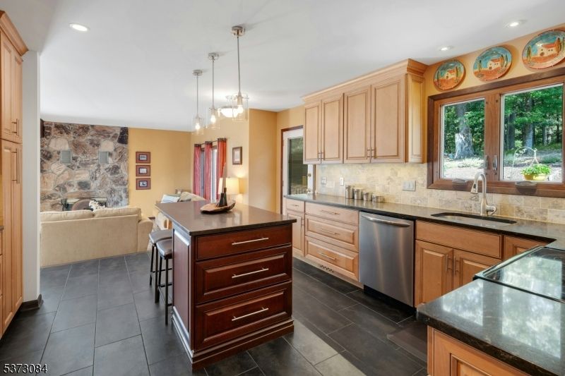 Interior, Kitchen, Pendant Lights, Recessed Lighting, Stainless Steel Appliances, Stone Walls