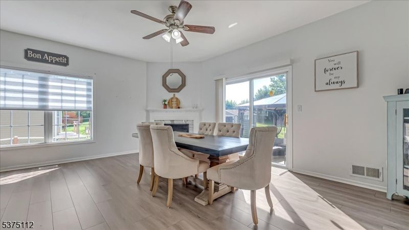 Dining room, Fireplace, Interior, Wood Texture Flooring