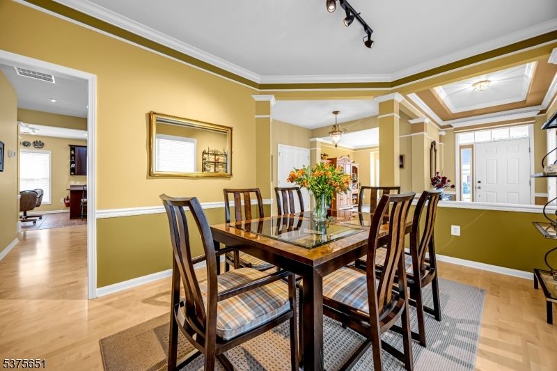 Dining room, Interior, Pendant Lights, Recessed Lighting, Wood Texture Flooring