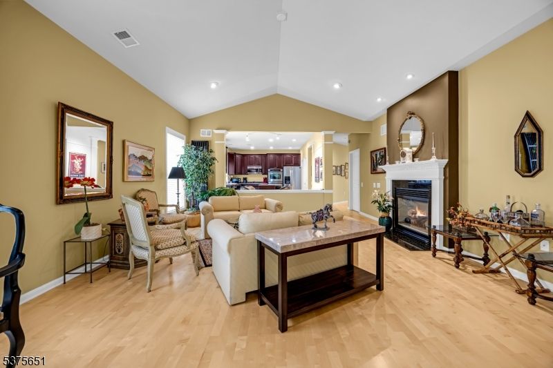 Fireplace, Interior, Living room, Recessed Lighting, Wood Texture Flooring