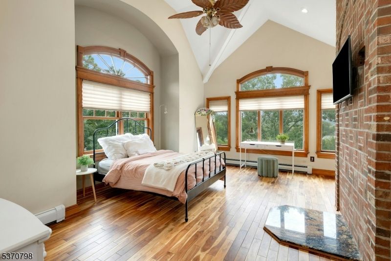 Bedroom, Interior, Recessed Lighting, Stone Walls, Wood Texture Flooring