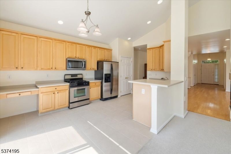 Chandelier, Interior, Kitchen, Recessed Lighting, Stainless Steel Appliances, Wood Texture Flooring