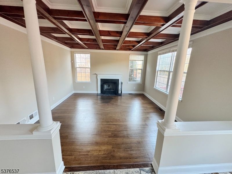 Empty room, Fireplace, Interior, Wooden Beams, Wood Texture Flooring