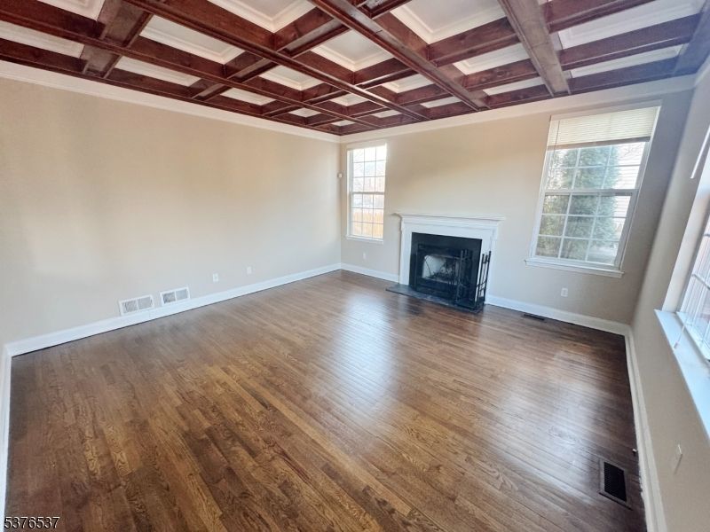Empty room, Fireplace, Interior, Wooden Beams, Wood Texture Flooring