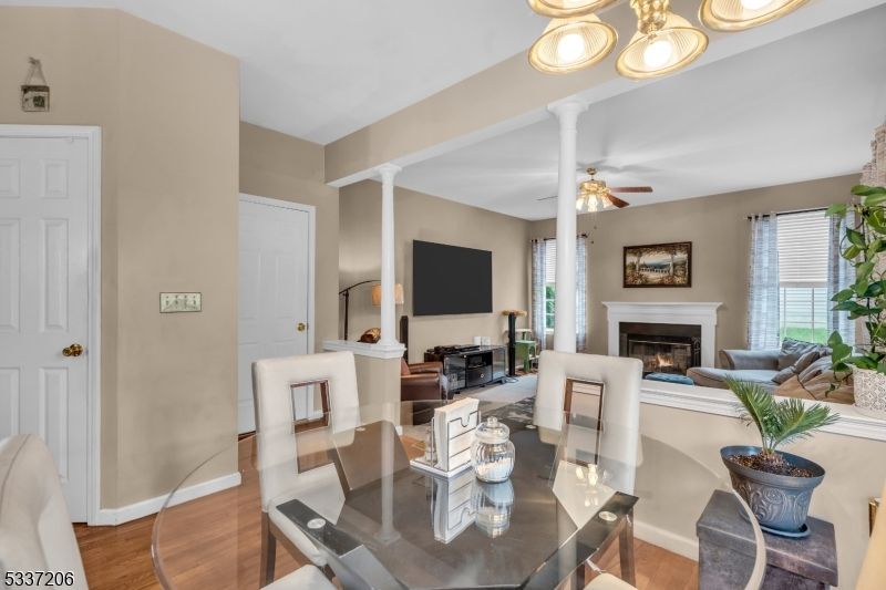 Dining room, Fireplace, Interior, Living room, Wood Texture Flooring