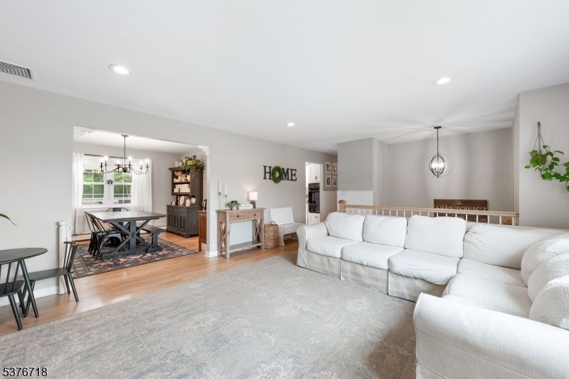 Dining room, Interior, Living room, Pendant Lights, Recessed Lighting, Wood Texture Flooring
