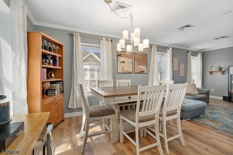 Chandelier, Dining room, Interior, Wood Texture Flooring