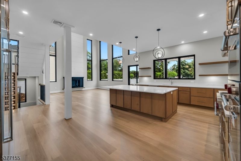 Fireplace, Interior, Kitchen, Pendant Lights, Recessed Lighting, Wood Texture Flooring