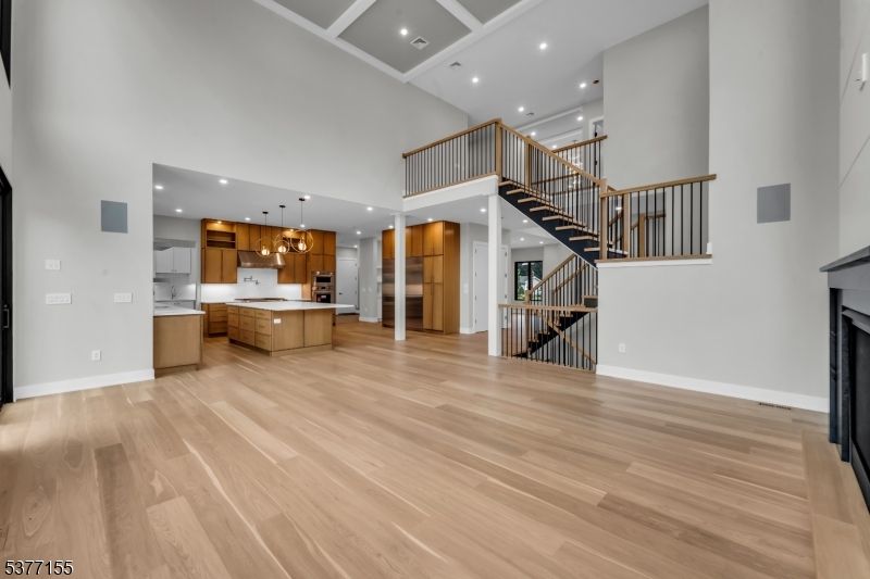 Fireplace, Interior, Kitchen, Pendant Lights, Recessed Lighting, Wood Texture Flooring