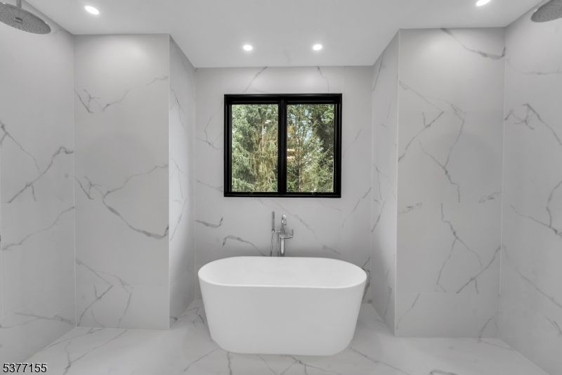 Bathroom, Free Standing Baths, Interior, Marble, Marble Walls, Recessed Lighting