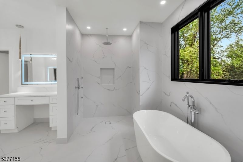 Bathroom, Free Standing Baths, Interior, Marble, Marble Walls, Recessed Lighting