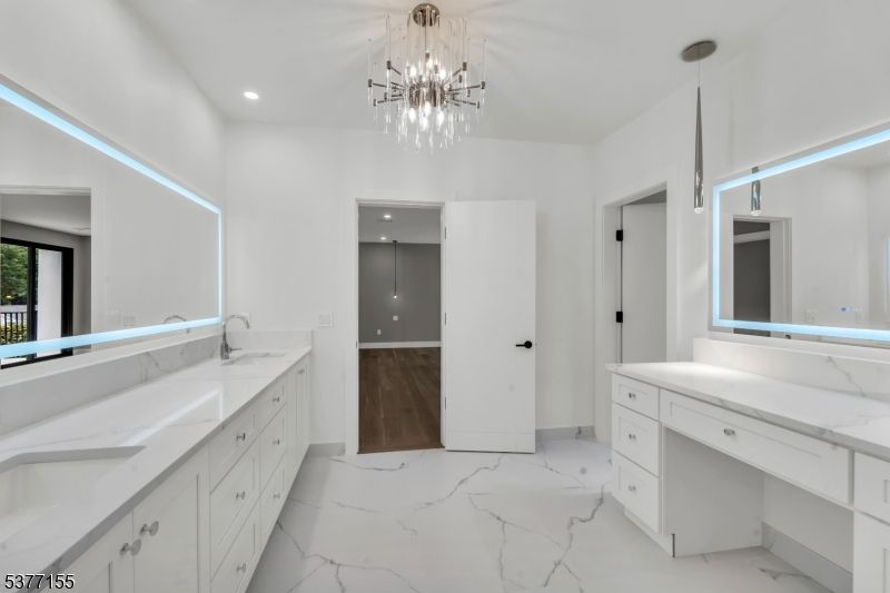 Bathroom, Dual Sink Vanities, Interior, Marble, Pendant Lights, Recessed Lighting