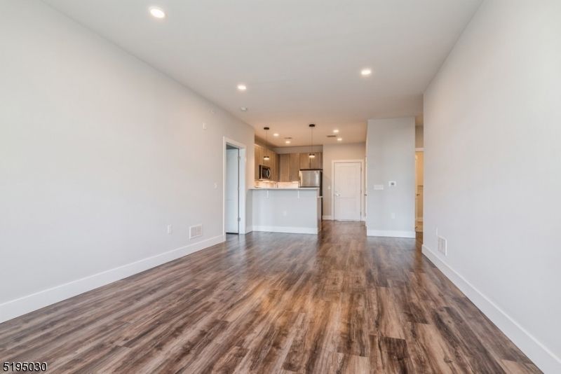 Empty room, Interior, Kitchen, Pendant Lights, Recessed Lighting, Wood Texture Flooring