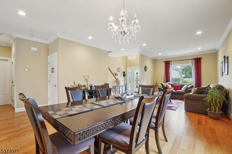 Chandelier, Dining room, Interior, Living room, Recessed Lighting, Wood Texture Flooring