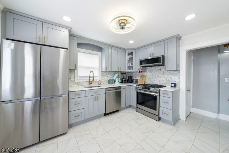 Interior, Kitchen, Marble, Recessed Lighting, Stainless Steel Appliances