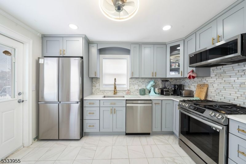 Interior, Kitchen, Marble, Recessed Lighting, Stainless Steel Appliances