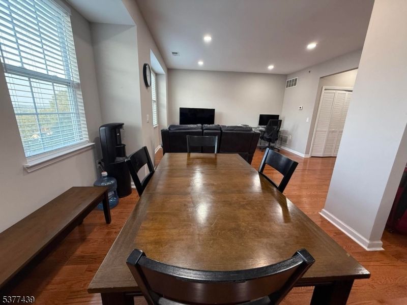 Dining room, Interior, Living room, Recessed Lighting, Wood Texture Flooring