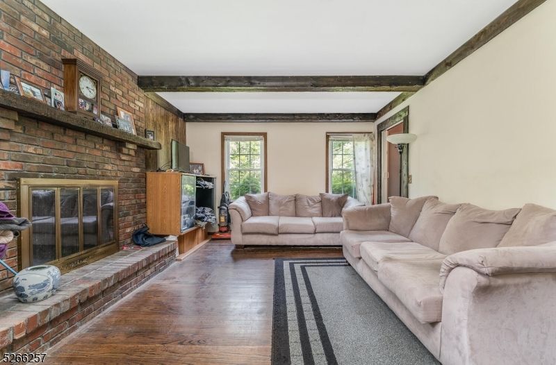 Fireplace, Interior, Living room, Stone Walls, Wooden Beams, Wood Texture Flooring
