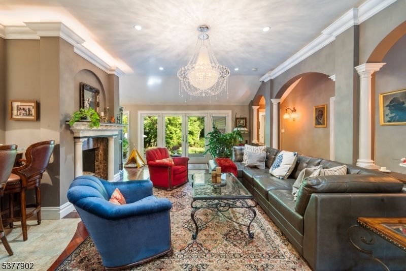 Chandelier, Fireplace, Interior, Living room, Recessed Lighting
