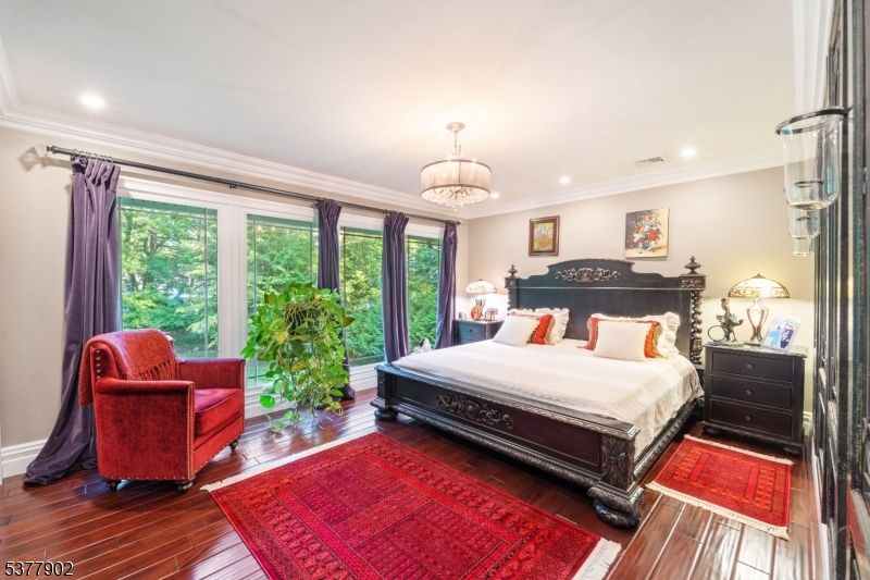 Bedroom, Chandelier, Interior, Recessed Lighting, Wood Texture Flooring