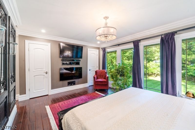 Bedroom, Chandelier, Interior, Recessed Lighting, Wood Texture Flooring